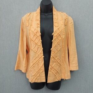 Chicos Open Front Jacket Sz 1 Peach Linen Cotton Frayed Trim 3/4 Sleeve Layer M